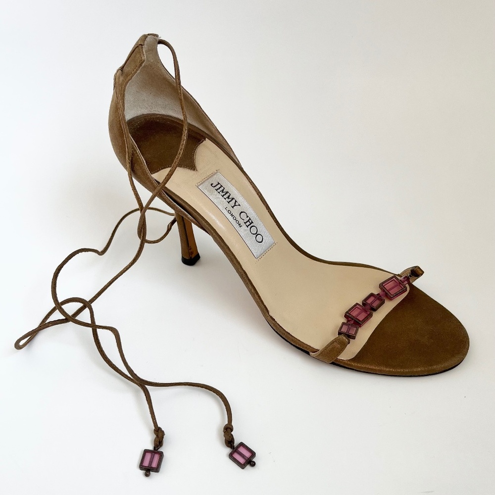 Vintage Jimmy Choo Brown Metallic Suede Heels with Ankle Wrap  UK 38